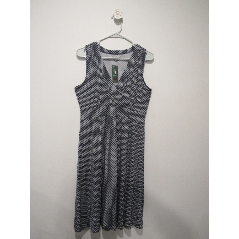 L.L. Bean Summer Knit Dress Sleeveless Navy Geo Print V-Neck 507247 Womens M REG